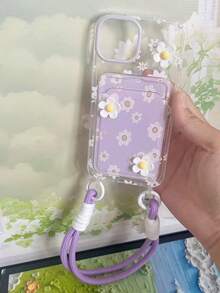 Flower INS Summer Colorful Floral Lanyard Card Holder Phone Case Compatible With IPhone 16 Pro Max/Compatible With IPhone 15 Pro Max New Model, Compatible With IPhone 11, Creative Compatible With IPhone 12 Soft Case, Compatible With IPhone 14 Pro/13 Anti-Fall Full Coverage Female Cover Waterproof Shockproof Scratch Resistant - Mauve Purple - View 4
