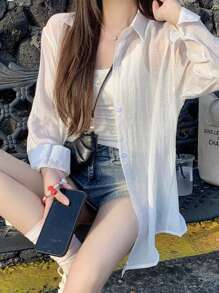 New Loose Polo Collar Lightweight Long Sleeve Sheer Shacket - White - View 3