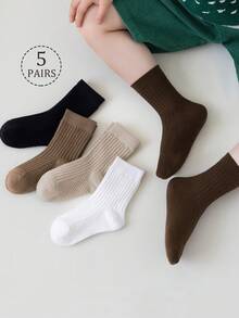 5/2/1 Pair Pack Children's Mid-Calf Socks, Suitable For Boys, Girls, Infants, Black, White, Khaki, Coffee, Solid Color, Striped, Massage Bottom, Pineapple Pattern Bottom, All Season, Thin, Mid-Calf, Casual, Fashionable, Comfortable, Versatile, Cute, Suitable For Daily Wear, Can Be Paired With Casual Shoes, Sneakers, Back To School Season, Students, New School Term, Start Of School, Classroom