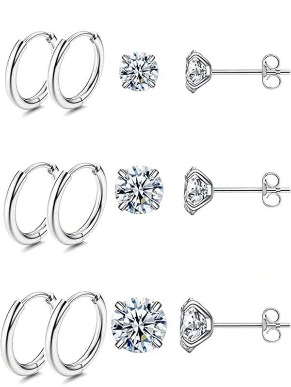 6 Pairs 316 Stainless Steel Women's Earring Set, Round Cubic Zirconia Stud And Hoop Earrings Combo