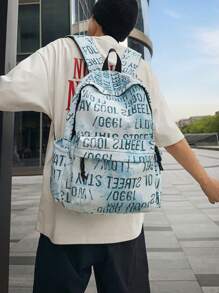 Casual Large Capacity English Numeral Graffiti Contrast Color Multi-Pocket Functional Backpack, Unisex, Suitable For School, Commuting, Shopping, Travel
