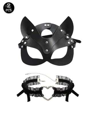 2pcs Erotic Set Faux Leather Fox Mask & Heart-Shaped Lace Collar Suit, Women Sexy Lingerie Accessories, Suitable For Role Play, Venetian Party & Holiday Party