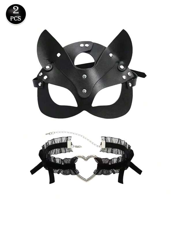 2 pièces Set érotique Masque de renard en faux cuir et collier en forme de cœur en dentelle. Accessoires de lingerie sexy pour femmes. Convient pour les jeux de rôle, les fêtes vénitiennes et les fêtes