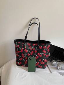 New Cute Cherry Pattern PU Tote Bag, Waterproof Design, Fashionable Large Capacity Shoulder Bag, Suitable For Women's Daily Use, School, Commuting - Black - View 10