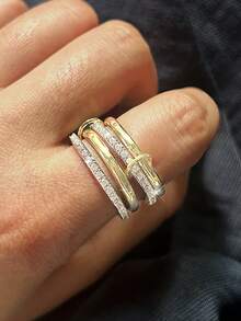 18K Gold Plated Interlocking Stackable Rings Set, Women's Personalized Rings With Cubic Zirconia, Suitable As Gifts - Serial - View 10