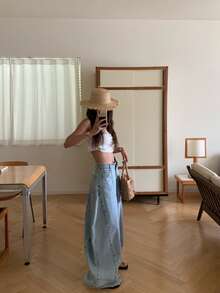 Celana Jeans Gaya Vintage Amerika dengan Potongan Longgar, Lurus, dan Lebar, Kasual untuk Musim Semi dan Gugur. - Biru - View 2
