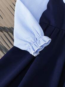 Young Girl Fashionable Casual Two Pieces Splicing Bow Striped Long Sleeve Button Floral Decor Collar A-Line Dress For Daily, Home, Outdoor, Sports, Spring & Autumn - Blue and White - View 4