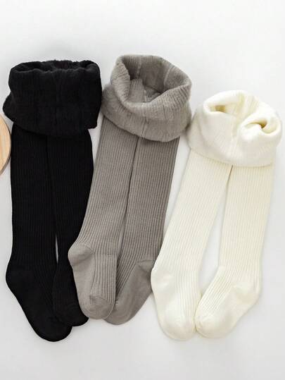 3条装女童幼儿罗纹保暖内衬紧身裤，经典黑/白/灰三色可选，柔软舒适，时尚百搭，适合幼儿秋冬季日常穿着及度假穿着。