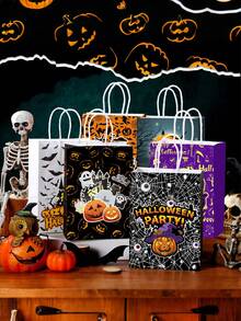 12 Pcs Halloween Trick Or Treat Bags, Halloween Bags With Handles Paper Trick Or Treat Gift Goodie Snacks Bags, Trick Or Treat, Halloween Paper For Holiday Treats Party Favors Supplies For Fall Home Decor, Halloween Party, Halloween Decor, Fall Decor, Halloween Decorations,Thanksgiving, Harvest Decorations And Display, Party Favors - Multicolor - View 3