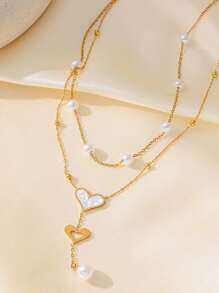 1pc Stainless Steel Double Heart Pendant Pearl Necklace, Women Sexy French Tassels Multi-Layer Choker Accessory, Suitable For Special Occasions, Gift