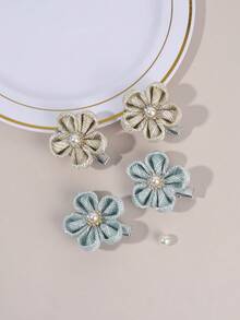 4 件女孩蓝绿色织物发夹，花朵仿珍珠配饰鳄鱼夹发夹，青少年女孩时尚配饰姐妹派对礼物 - 彩色 - 查看 3