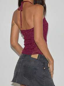 Womens Floral Halter Tank Tops Summer Sequin Slim Fit Backless Sleeveless Crop Vest - 酒紅色 - 查看 6