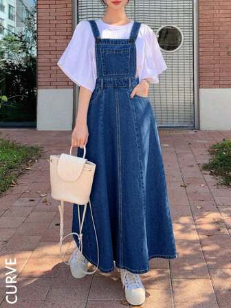 大码深蓝色牛仔背带裙，女士宽松休闲百搭长款牛仔连衣裙，适合日常和约会穿着