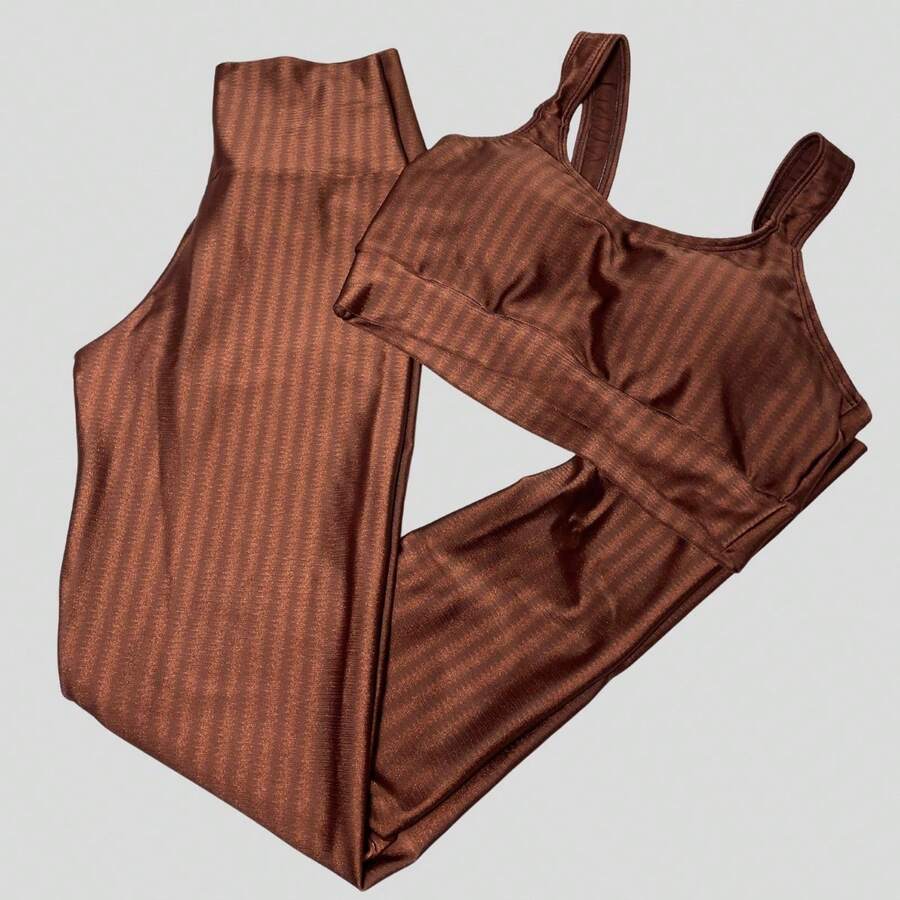 New Zig 3D Plus Size Top + Pants Fitness Set - 鏽棕色 - 查看 1