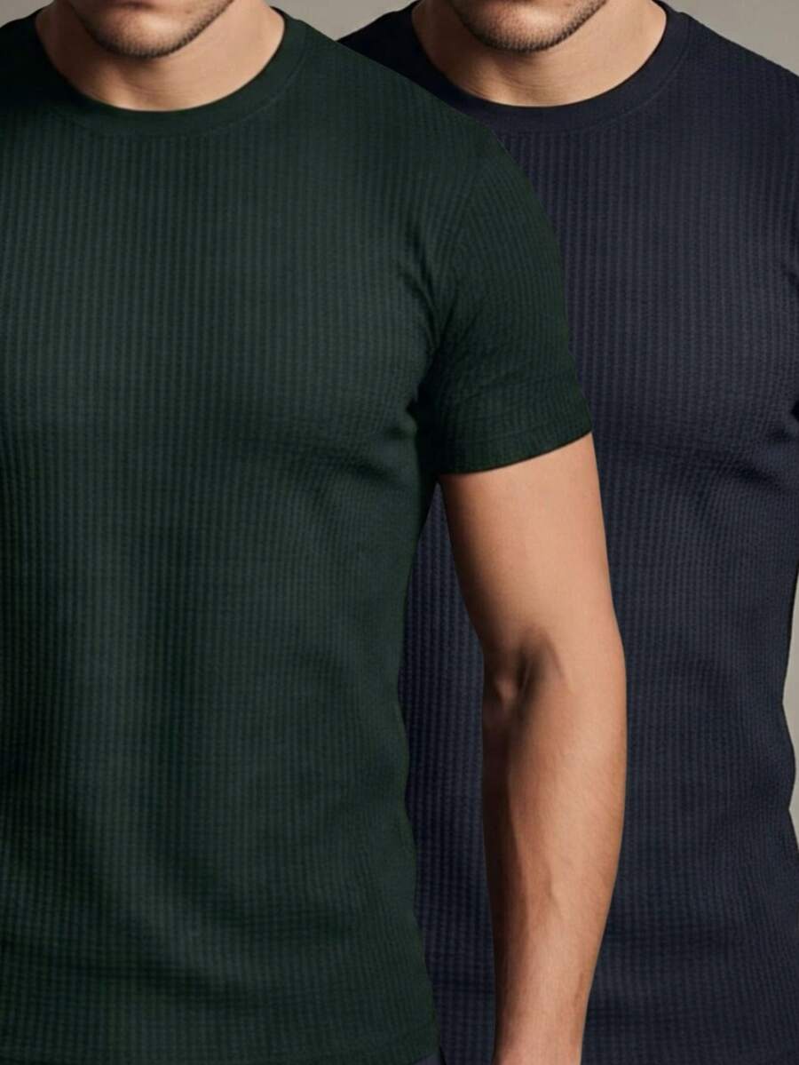 Kit 2 Basic Casual Textured T-Shirt Straight Textured Premium Mesh - Black and Military Green - View 1