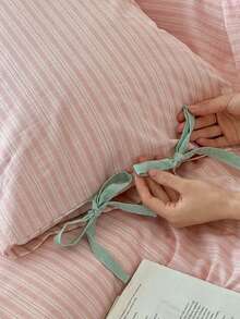 1 vỏ gối thắt nơ, màu be nhạt/khaki/hồng thoải mái, họa tiết sọc có nơ, thích hợp cho phòng khách, phòng ngủ, ký túc xá, có thể giặt bằng máy (không bao gồm ruột gối) - Màu Hồng baby - Xem 5