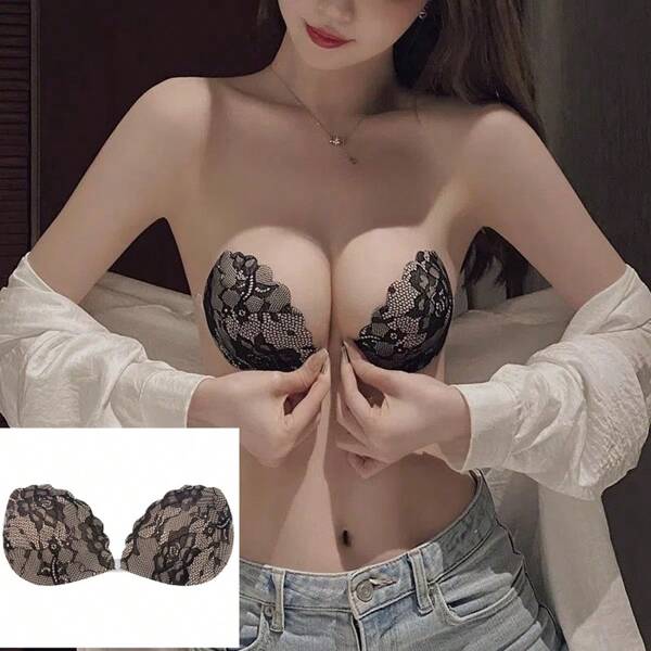 1pc Skin Color Lace Invisible Push-Up Sticky Bra, Strapless Bust Enhancer, Random Transparent Strap Included