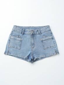 Shorts di jeans casual per donne, di colore solido, sexy, con tasche, cerniera e bottoni, adatti per l'estate, le vacanze e i viaggi