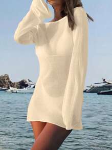 Women's Minimalist Sexy Sheer Lightweight Beach Vacation Bell Sleeve Backless Solid Color Bodycon Cover-Up Mini Dress, Spring/Summer
