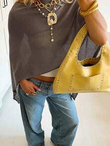 Women's Asymmetric Shawl Collar Y2K Style Batwing Sleeve Cropped Knit Top, Lightweight Sheer Pullover Sweater For Beach, Vacation, Autumn - Brown - View 5