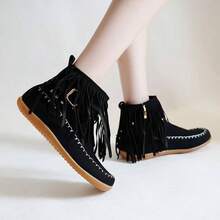 [Tassel Decor Ankle Boots] Casual Tassel Decor Short Boots - Comfortable Ankle Boots With Metal Beads Decor Side Zipper - 黑色 - 查看 3