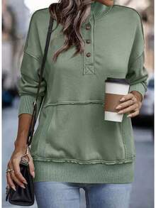 Womens Sweatshirt Casual Long Sleeve Lightweight Sweatshirts Button Loose Pullover Tops - B Xanh - Xem 2