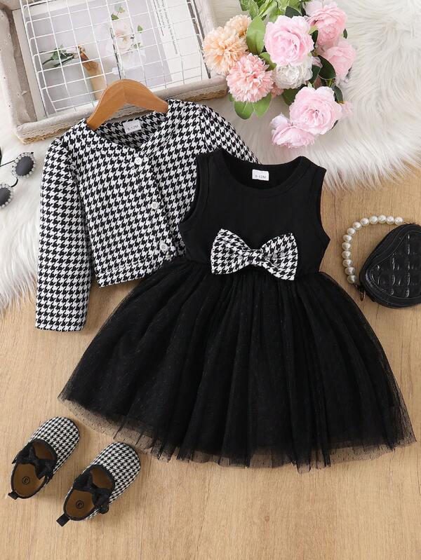 2 Stücke Baby Mädchen süßes, süßes Herbst Kleid Set, karierte Langarm Jacke & rundhals Ärmellos Schleife Dekor Tüll Kleid, geeignet für den täglichen Gebrauch