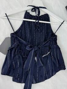 Women's Glitter Party Top With Ruffle Hem For Daily Summer - Blue - View 2