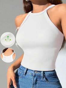 1pc Solid Color Ribbed Casual & Comfortable Minimalist Casual - Regular Casual Casual - Sports Casual Romantic - French Sleeveless Regular Style Spaghetti Strap Camisole With Chest Pads