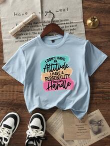 Tween Girl 休闲浅蓝色印花圆领短袖 T 恤，夏季 - 淺藍色 - 查看 2