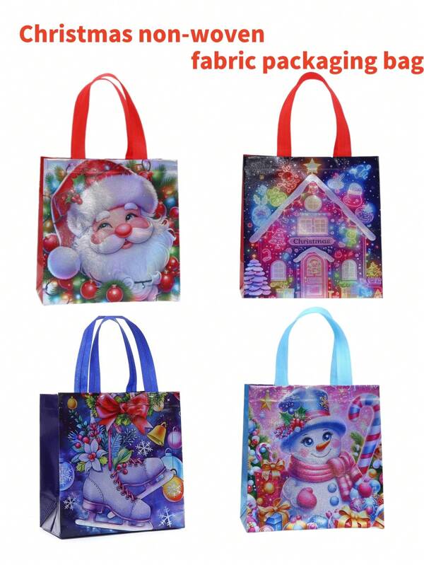 4/8/12pcs Holographic Laser Non-Woven Tote Gift Bags, 3D Laminated Waterproof & Durable Packaging Bags, Christmas Themed Prints Incl. Santa Claus, Snowman, Castle, Gift Wrapping Bags, Christmas Party Favor Bags, Christmas Decoration