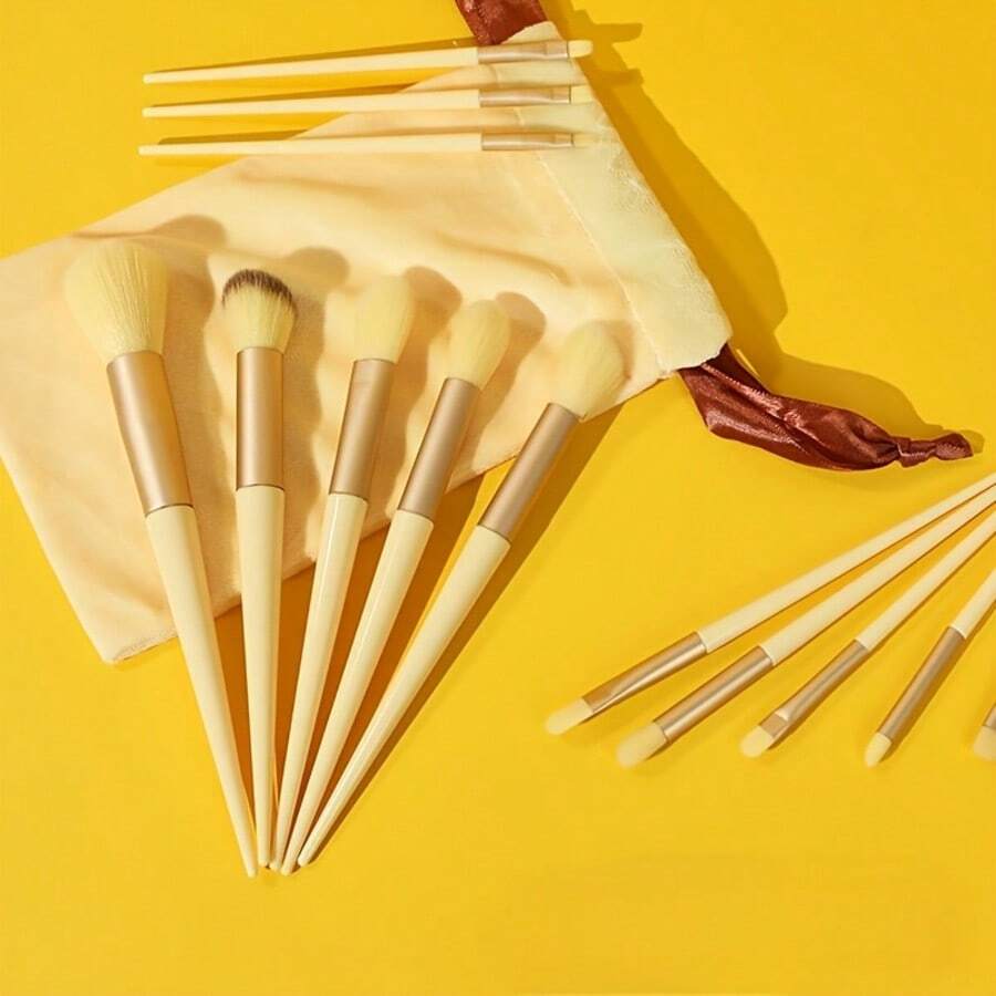 {Cosmetic Bag}Valentine's Day Gift 13pcs Mini Travel Makeup Brush Set - Minimalist Design With Portable Storage Bag, High-Quality Cosmetic Brushes For Versatile Makeup Application, Ideal Travel Essentials For Beauty Enthusiasts Beauty Tool Gift For Girlfriend - Màu vàng - Xem 1