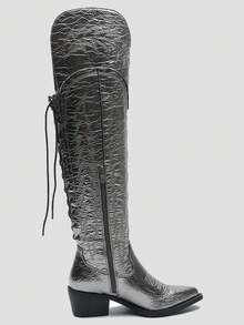 GLOBALWIN Women's Cowboy Western Fashion Over The Knee Thigh High Cowgirl Boots Low Heel Holiday Season Long Boots Fall Winter Spring Boots - Bạc - Xem 2