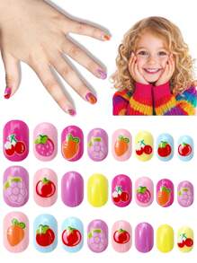 NAIO 24 Pieces Kids Of Children's Press On Nail Stickers Naio Children's Artificial Nail Stickers Pre-Glued Full Coverage Short Acrylic Nails Suitable For Girls' Children's Nail Decoration (Fruit Party)