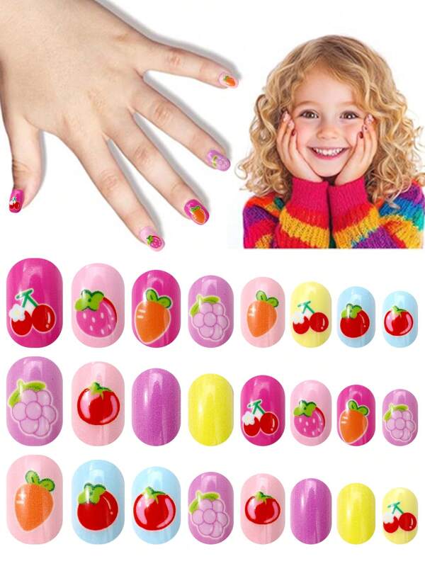 NAIO 24 Pieces Kids Of Children's Press On Nail Stickers Naio Children's Artificial Nail Stickers Pre-Glued Full Coverage Short Acrylic Nails Suitable For Girls' Children's Nail Decoration (Fruit Party)