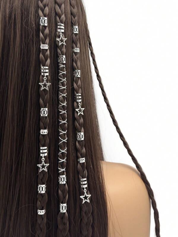 36pcs Silver Braided Hair Ring Set, Star-Shaped Braided Hair Ring, Personalized Festival Braided Hair Accessory, School Stuff, Gifts
