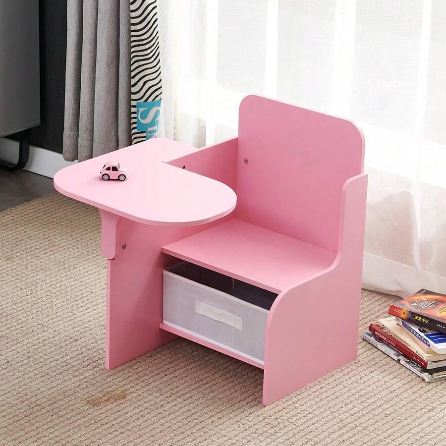 2 In 1 Wooden Children Table With Chair, Small Kids Table And Chair Set With Storage Box, Suitable For Kids Children Toddlers Boys Girls, Pink - Pink - View 1