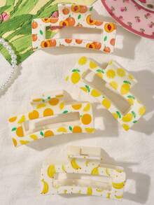 爪夹 4 件装 ABS 波西米亚水果桃柠檬香蕉橙色 UV 印花方形发夹，甜美光泽简约时尚日常发饰，适合春夏季、学校用品、大学 - 彩色 - 查看 4