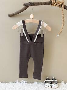 Newborn Baby Girls Casual Ruffled Strap Pants, Elastic Leggings, Spring/Autumn - Chocolate Brown - View 4