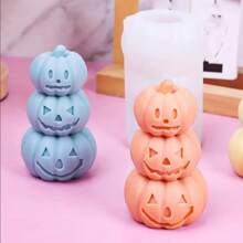 1 pieza Molde de silicona con forma de calabaza de 3 piezas, decoración del hogar de calabaza apilada DIY, vela, adorno de yeso, decoración de fiesta de Halloween con calabaza de cara divertida, molde flexible y duradero para hacer velas