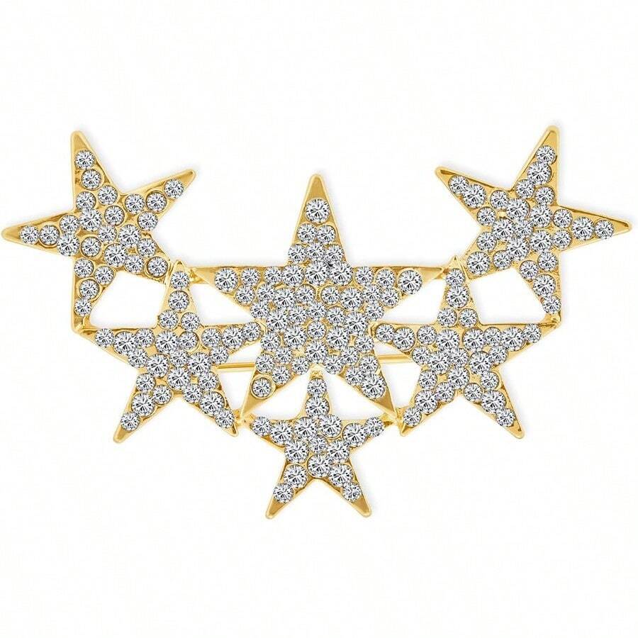 Large Big Statement Fashion Celestial Patriotic American Rock Star Sparkly Six Crystal Stars Scarf Brooch Pin For Women Teens Sier Or  Plated - 如圖 - 查看 1