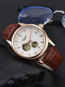 LONGLUX 1pc Men's Hollow Automatic Mechanical Watch With Leather Strap, Waterproof Casual Watch