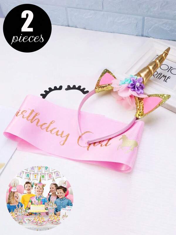 Set de diadema con correa para el hombro con diseño de unicornio estilo princesa, cinta de etiqueta para la cumpleañera, diadema dorada, set de cumpleaños, decoración para fiesta de princesa
