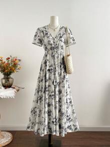 Rusttydustty 网络星期一 圣诞节 万圣节 新年 派对 女士碎花V领收腰休闲长裙 波西米亚风 复活节 海滩装扮 夏威夷 音乐节 热带假期 - 黑與白 - 查看 2