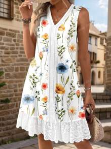 Vestido de verano para mujer con cuello en V, estampado floral en parches, sin mangas, adecuado para uso casual diario y vacaciones al aire libre