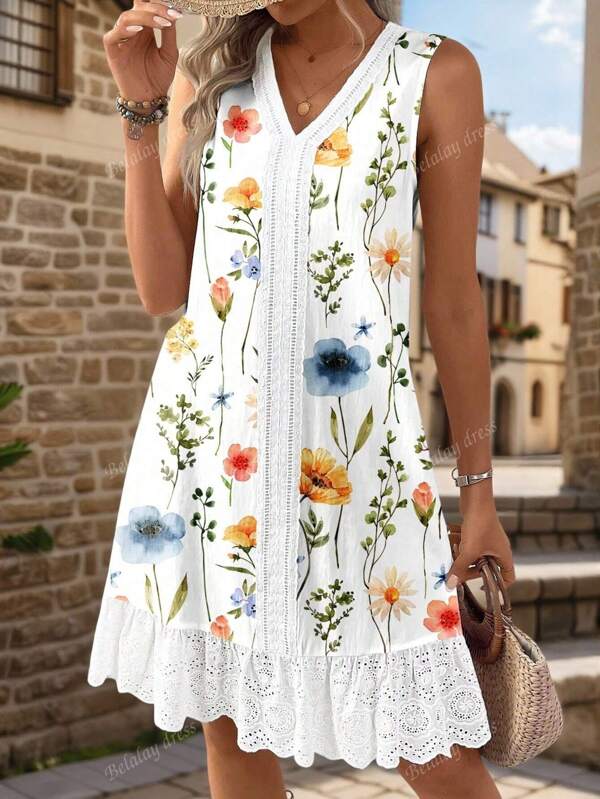 Women's Summer Fashion V-Neck Patchwork Floral Print Sleeveless Dress, Suitable For Casual Daily Wear, Outdoor Holiday