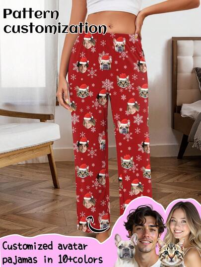 Customized Women's Pajama Pants With Novel, Unique Couple Portrait, Personalized Face Swap, Pet Face Swap - Idol Fan Merch For Christmas And Holidays