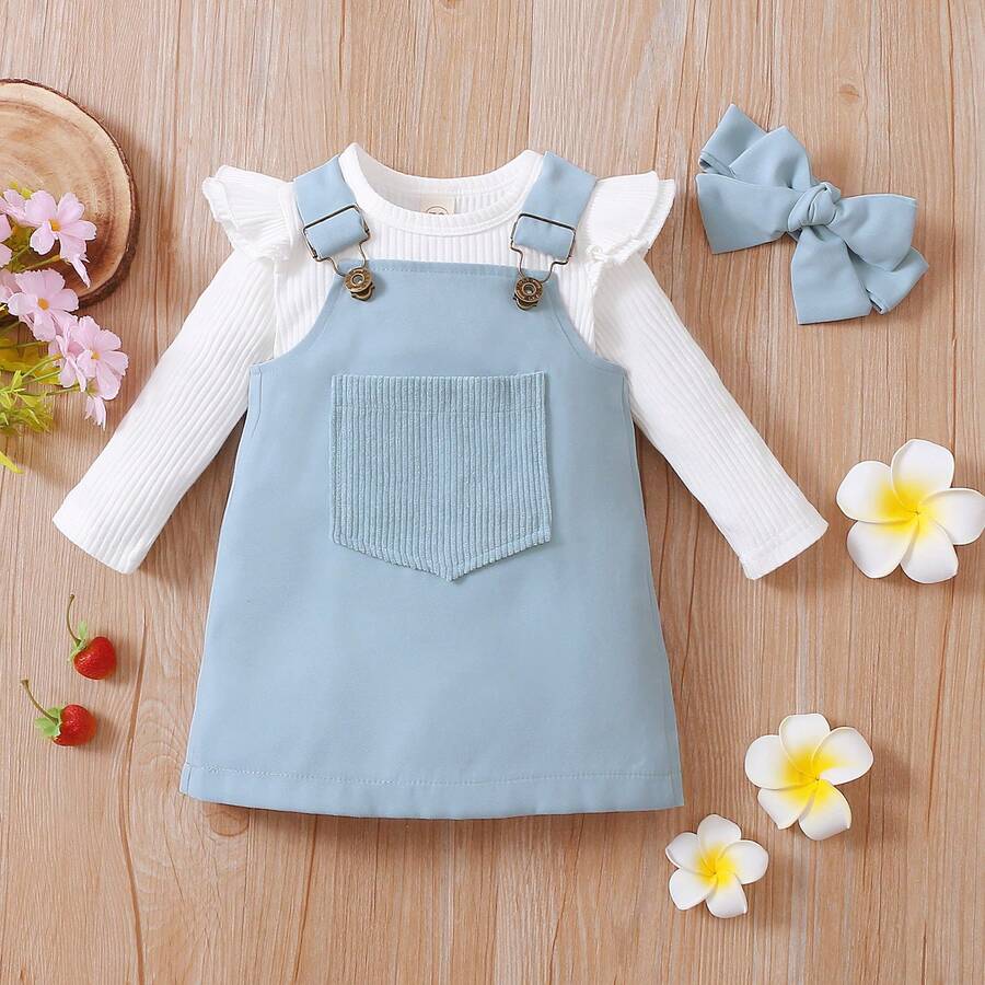3Pcs Toddler Baby Girls Outfit Solid Color Long Sleeve Round Collar Romper Front Pocket Suspender Skirt Set With Headwear - 藍色 - 查看 1