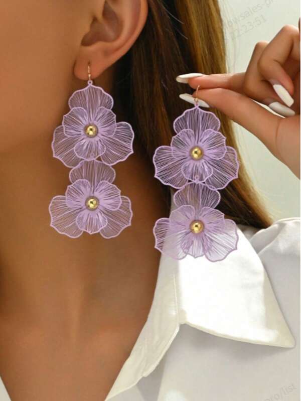 1 par de pendientes florales de varios niveles de color púrpura, diseño floral exagerado y de varios niveles a la moda, pendientes colgantes para mujer, adecuados para uso diario