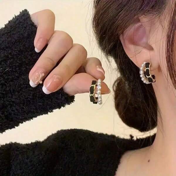 1 Pair Elegant CShaped Hoop Earrings Double Layer Black Velvet With Rhinestone Embellishments Faux Pearl Accents Alloy And Stainless Steel Ear Needle Versatile For Daily And Vacation Wear